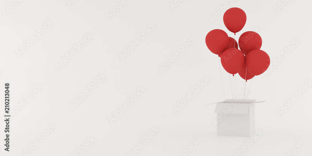 Poster Abstract of red balloon floating out from the open white box on white background, 3D rendering