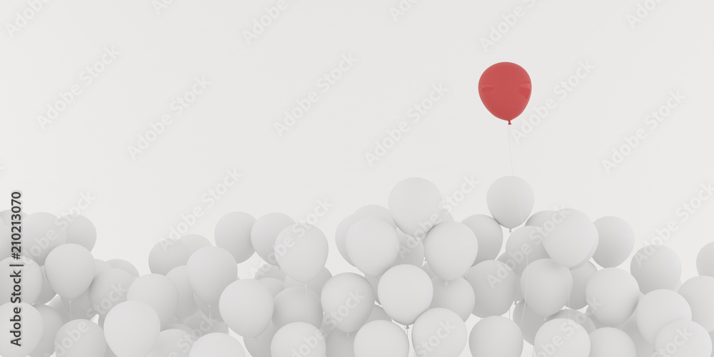 Poster Abstract of floating red outstanding around white balloon isolated on white background,minimal idea design.3D rendering