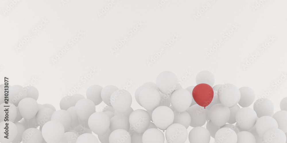 Poster Abstract of floating red outstanding around white balloon isolated on white background,minimal idea design.3D rendering