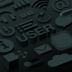 Black 3d user background with web symbols.