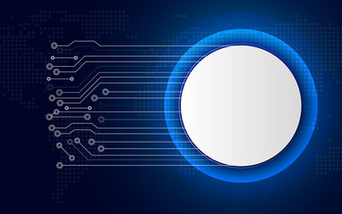 White technology circle button on blue abstract background with white line circuit board. Business and Connection. Futuristic and Industry 4.0 concept. Internet cyber and network theme.