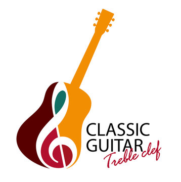 Musical logo. Silhouette of a guitar and a treble clef. Bright juicy colors. The concept of classical music. Spanish musical instrument. Flamenco.
