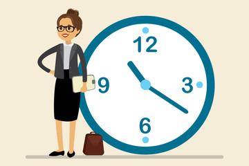 Caucasian businesswoman stand leaning to big clock