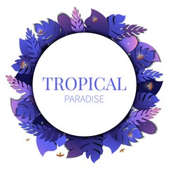 Tropical paradise round template with tropical palm leaves and twinkling fireflies on purple background. Summer trendy vector floral background made in 3D paper cut out style. Wildlife concept.