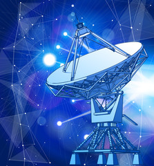 Satellite Dishes Antenna - doppler radar, digital wave and blue technology background - abstract illustration of science, astronomy, information technology, network solutions  and digital technologies