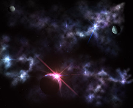 starry landscape, a star in a nebula, a planet against the background of a galaxy, the universe, 3D rendering