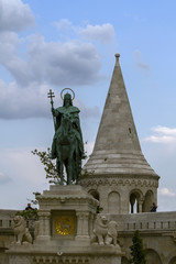 Fototapeta na wymiar The monument to the Saint Hungarian King Ishtvan's . Fisherman's Bastion in Budapest. The monument was erected in 1906. Hungarian landmarks. Hungary. Budapest. 