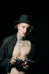 Man gamer playing with video game joystick