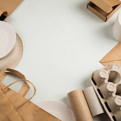 products made from recycled paper: disposable tableware, package, box, cardboard, egg packaging, envelope, toilet paper. 