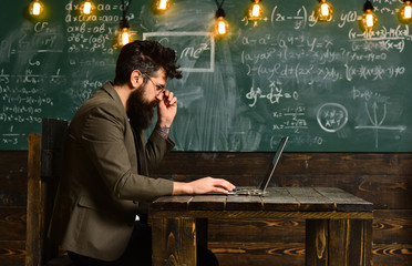 Bearded man work on laptop in classroom. Bearded man with long beard with computer on chalkboard, new technology concept