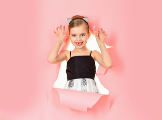 Little girl in vintage dress, prom. Child girl in stylish glamour elegant dress. Fashion and beauty, pinup style, childhood. Retro girl or fashion model, beauty. Retro look, hairdresser, makeup