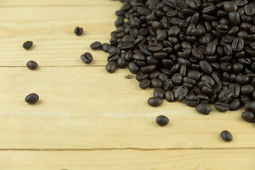 Close-up coffee bean on wooden table copy space for template
