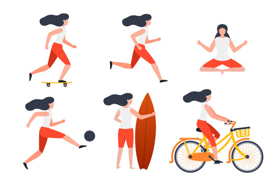 Vector set of girls in different summer activities - skate, running, yoga, football, surfing, cycling.
