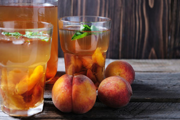 Fresh Homemade Peach Sweet Tea with Mint