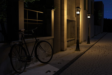 3d rendering of old town street with leaning bicycle and showcase with lighten lantern at night