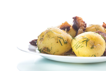 potato young boiled with fried bacon