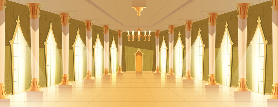 Ballroom or royal hall vector illustration of entrance door view. Cartoon palace room or chamber with candle chandelier and golden or marble pillar columns and windows with light reflection on floor