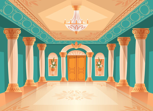 Ballroom or palace reception hall vector illustration of luxury museum or chamber room. Cartoon royal blue interior background with chandelier, vases and decoration on ceiling, walls and columns