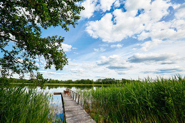 Fototapeta premium dock on the banks of the River, sky reflection in water