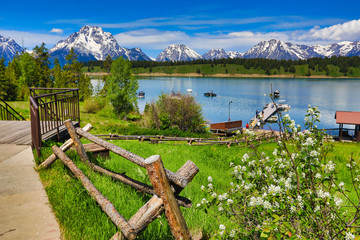 The cabins in the Grand Tetons National Park offer spectacular views of the mountains and the lake.