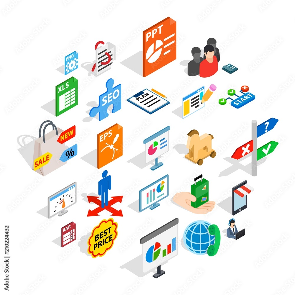 Poster data storage icons set. isometric set of 25 data storage vector icons for web isolated on white back