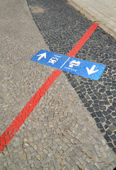Direction sign of the movement on a stacked pavement for fans of the 2018 FIFA World Cup in Russia....