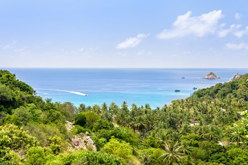 Beautiful nature landscape blue sea at Aow leuk bay under the summer sky from high scenic view point on Koh Tao island is a famous tourist attraction in the Gulf of Thailand, Surat Thani, Thailand
