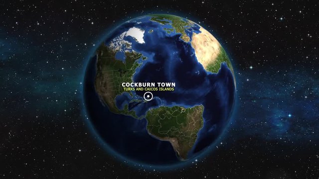 TURKS AND CAICOS ISLANDS COCKBURN TOWN ZOOM IN FROM SPACE