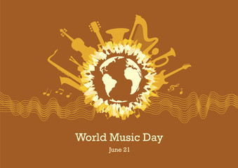 World Music Day vector. Brown background with music. Musical instruments vector illustration. Important day