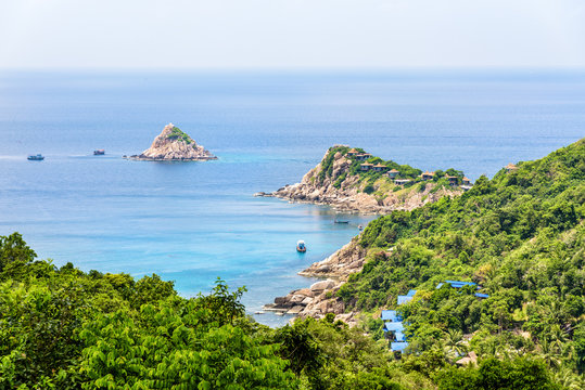 HighBeautiful nature landscape blue sea at Aow leuk bay under the summer sky from high scenic view point on Koh Tao island is a famous tourist attraction in the Gulf of Thailand, Surat Thani, Thailand