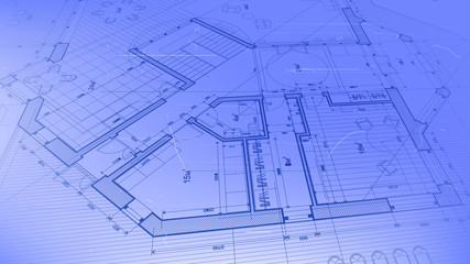 architectural blueprint - the architectural plan of a modern residential building with the layout of the interiors of different rooms, elements of furniture & equipment on a  technological background