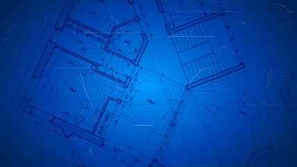 architectural blueprint - the architectural plan of a modern residential building with the layout of the interiors of different rooms, elements of furniture & equipment on a  technological background