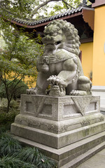 Lion statue in front of Lingyin temple in Hangzhou, China