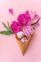 peony flowers in a wafer cone on a pink background