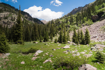 Green landscape view of Booth Falls hiking trail near Vail, Colorado. 