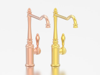 3D illustration two rose and yellow gold chrome vintage old faucets on a grey background
