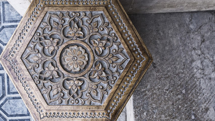 Islamic Art. Wooden stool with middle eastern islamic uzbek ornament. Handmade wooden chair made by...