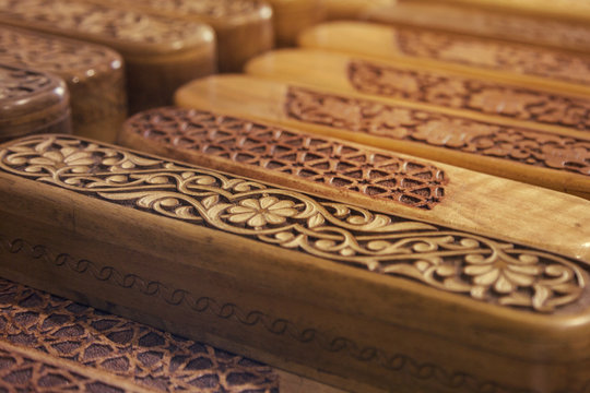Group of wooden Complicated Decorated Carved Pencil Box
