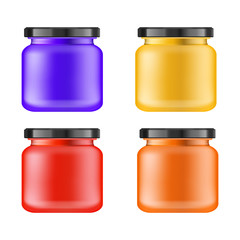 Realistic multi-colored matt jar with black lid for cosmetics - body cream, oil, scrub, gel, powder. Realistic packaging mockup template. Medical container. Vector illustrations.