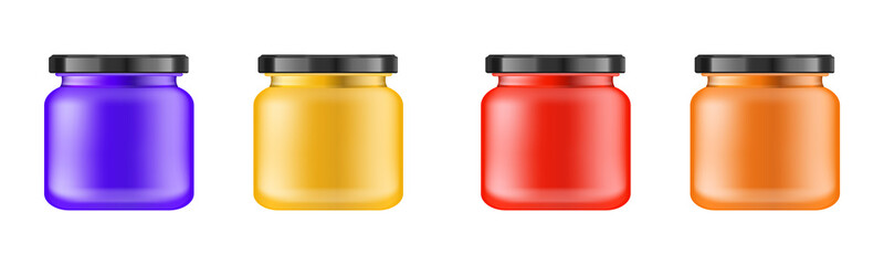Realistic multi-colored matt jar with black lid for cosmetics - body cream, oil, scrub, gel, powder. Realistic packaging mockup template. Medical container. Vector illustrations.