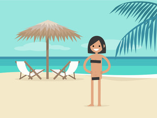 Nudist beach. Young character on vacation.  Two chaise lounges under the palm tree umbrella. Background. Paradise. Flat editable vector illustration, clip art