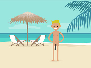 Nudist beach. Young character on vacation.  Two chaise lounges under the palm tree umbrella. Background. Paradise. Flat editable vector illustration, clip art