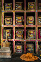 Folios of old manuscripts in library of Stakna gompa Tibetan Buddhist Monastery in Ladakh, India