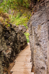 Levadapfad durch einen großen Felsen, Madeira, Portugal