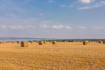Fototapeta na wymiar Field after harvest, Big round bales of straw