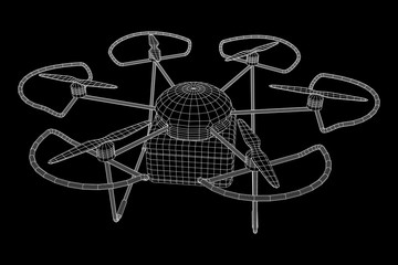 Remote control air drone. Dron flying with cargo box. Wireframe low poly mesh vector illustration