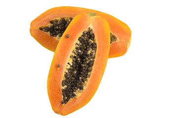 Healthy concept. Ripe papaya, juicy papaya fruit isolated on white background, top view with clipping path.