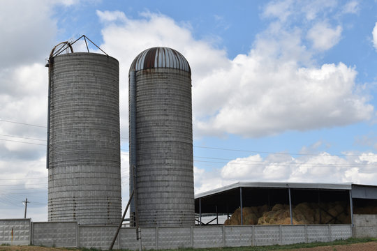 Silo tower on a cattle-breeding farm. The state farm supplies milk and meat to the entire Volgograd region and the South of Russia. State farm Volga-Don. Preparation of feed for cows and horses.