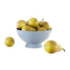 Pears in a blue vase and on the floor on a white background