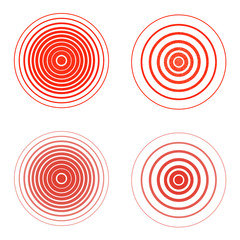Set of red pain rings. Symbol of growing physical pain, suffering and body disorder, distress, injury, illness. Vector flat style cartoon illustration isolated on white background